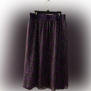 LuLaRoe Black and Purple w Colorful Feathers Midi A-Line Skirt